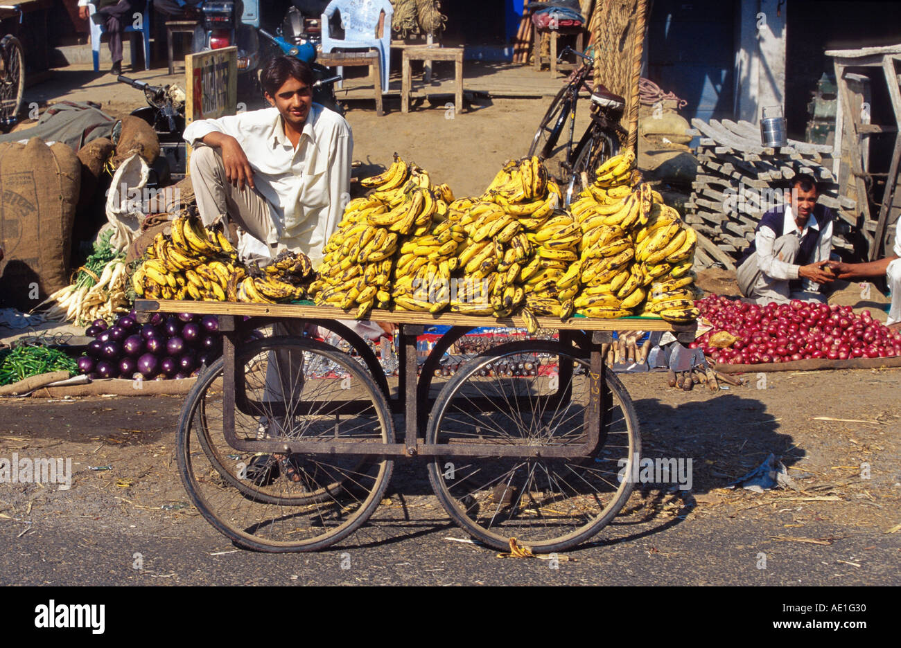 Vendeur de bananes, assis sur un chariot, l'Inde, Uttar Pradesh Banque D'Images