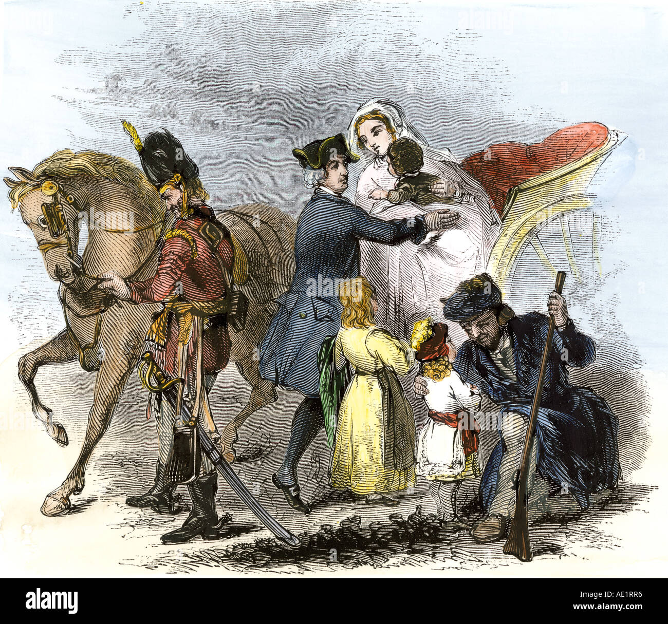 La baronne von Riedesel et ses enfants accueillis par le général Philip Schuyler au camp américain où son mari a eu lieu. La gravure à la main, Banque D'Images
