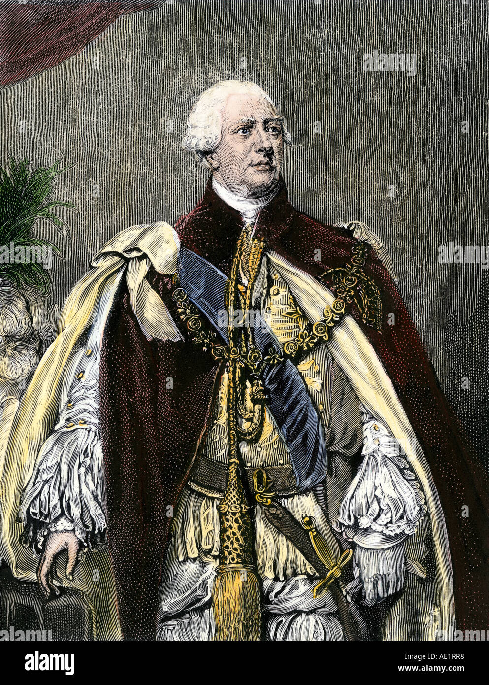 Le roi George III dans son vêtement. À la main, gravure sur bois Banque D'Images