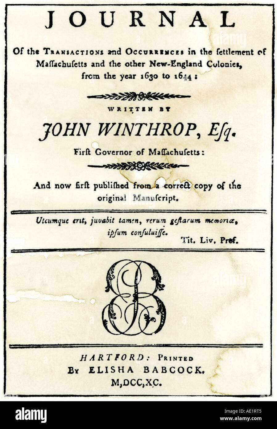 Journal de John Winthrop written 1630 à 1644 page de titre de la première édition en 1790. Gravure sur bois avec un lavage à l'aquarelle Banque D'Images