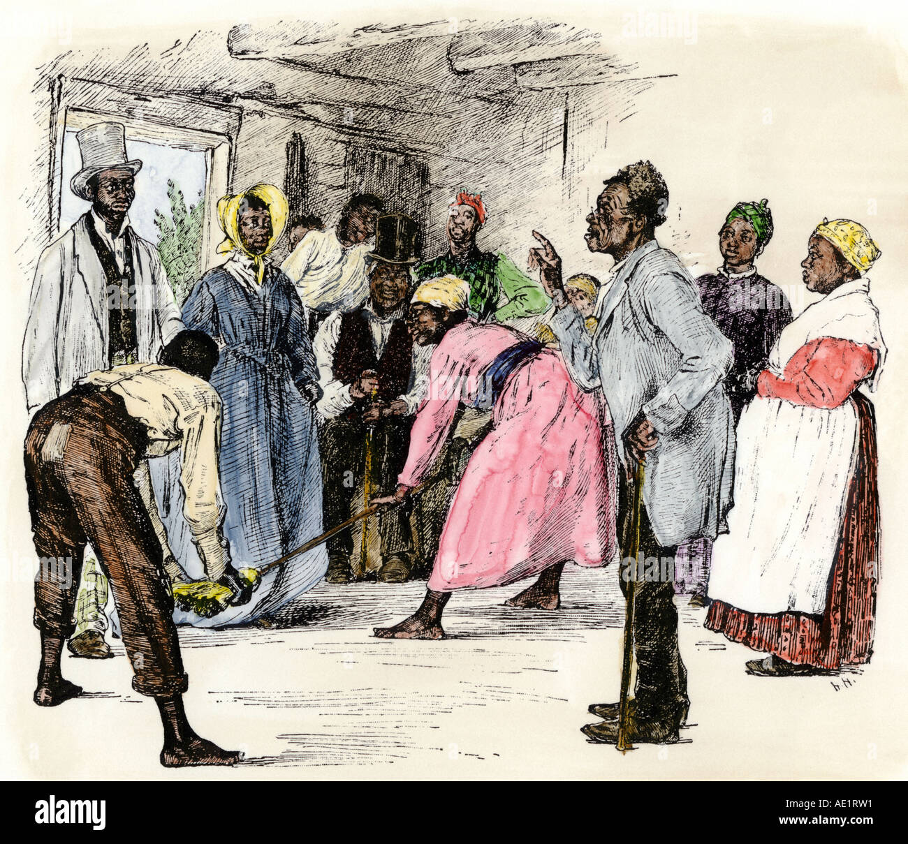 Cérémonie de mariage balai d'esclaves afro-américains en Virginie d'un témoin oculaire avant la guerre civile. À la main, gravure sur bois Banque D'Images