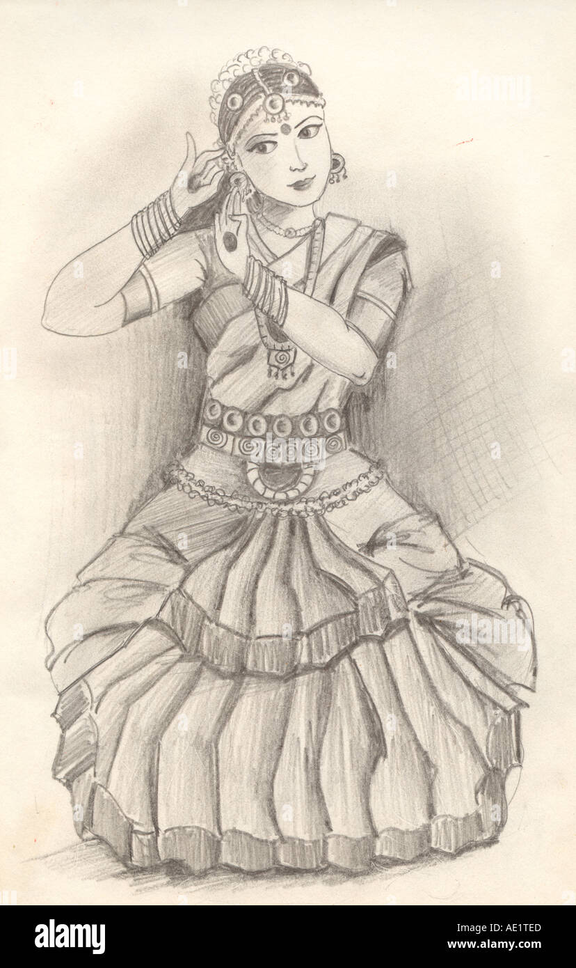Dessin illustration peinture monochrome noir et blanc de dame faisant Bharatnatyam danse classique indienne Inde Banque D'Images