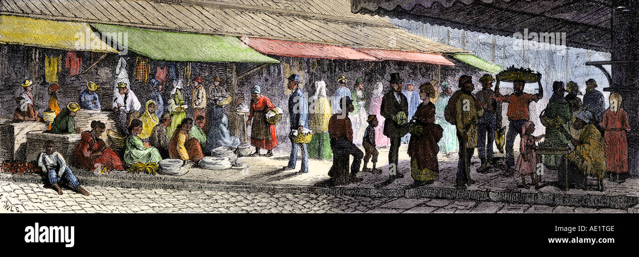Native American marchands dans un marché du quartier français de la Nouvelle Orléans 1870. À la main, gravure sur bois Banque D'Images