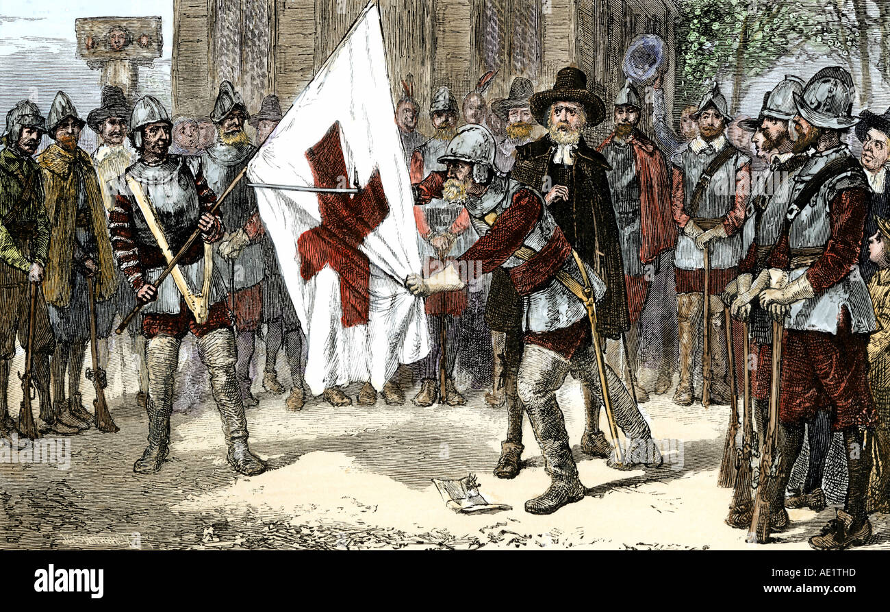 Gouverneur puritain John Endicott réduisant la croix de la colonie de la baie du Massachusetts en 1600. À la main, gravure sur bois Banque D'Images