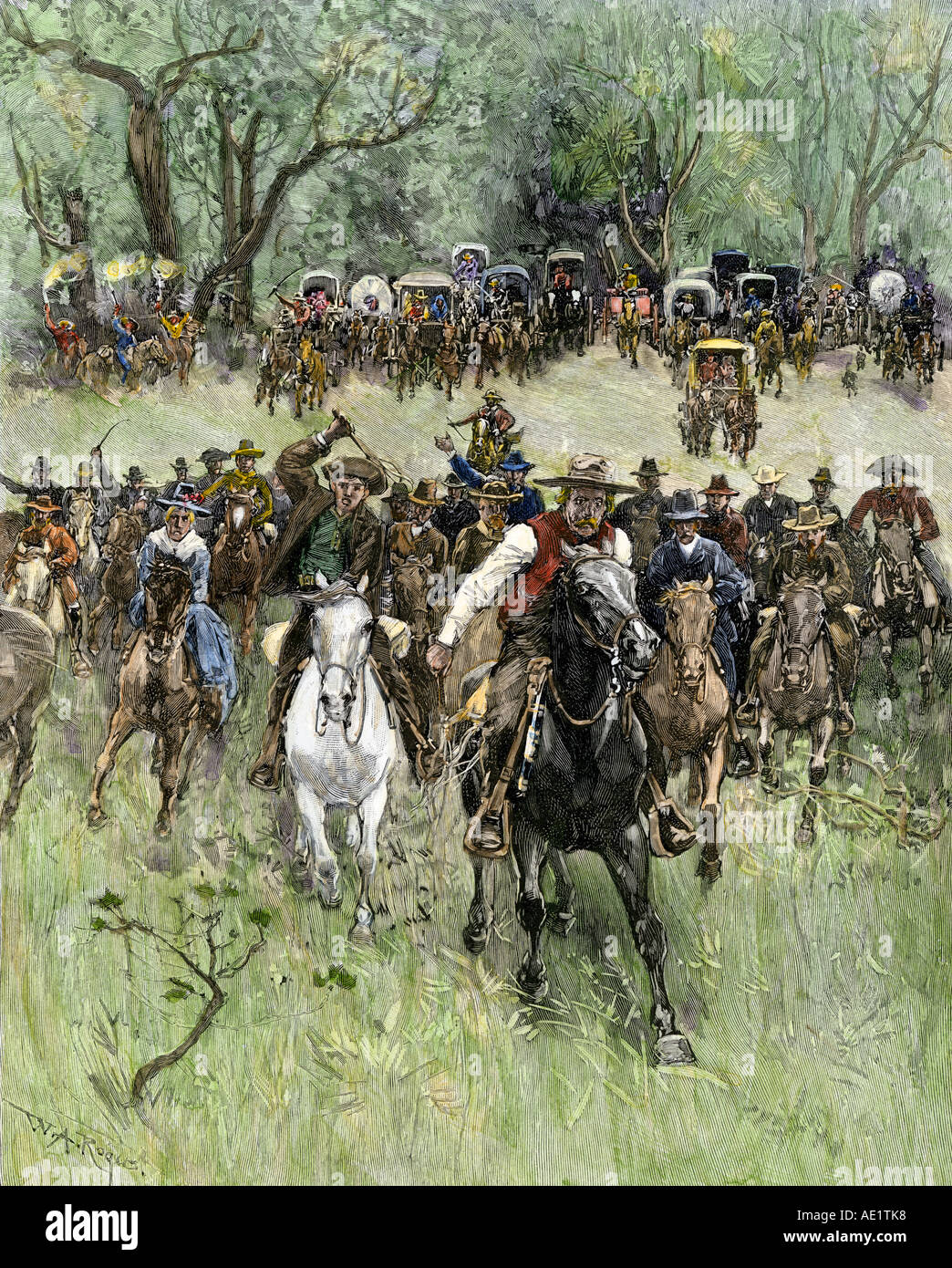 Les homesteaders galoper en avant au signal de départ pour le Texas Land Rush 1891. À la main, gravure sur bois Banque D'Images