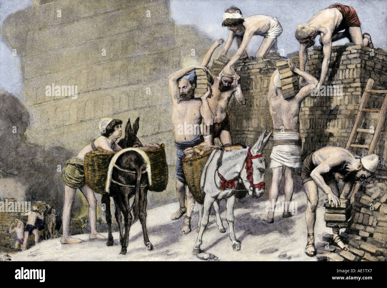 Les travailleurs qui construisent les ziggurats de l'ancienne Babylone. La main, d'une illustration de demi-teinte Banque D'Images