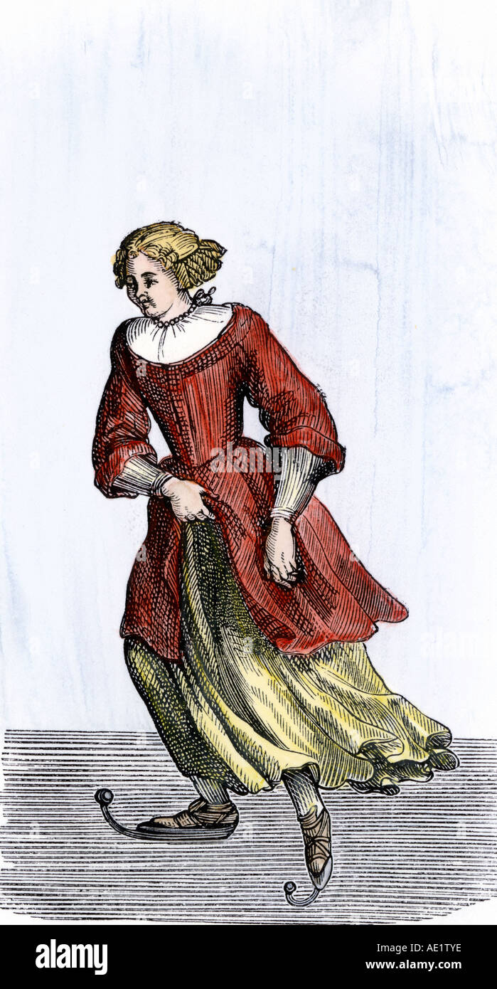 Hollandaise patinage sur glace 1600. À la main, gravure sur bois Banque D'Images