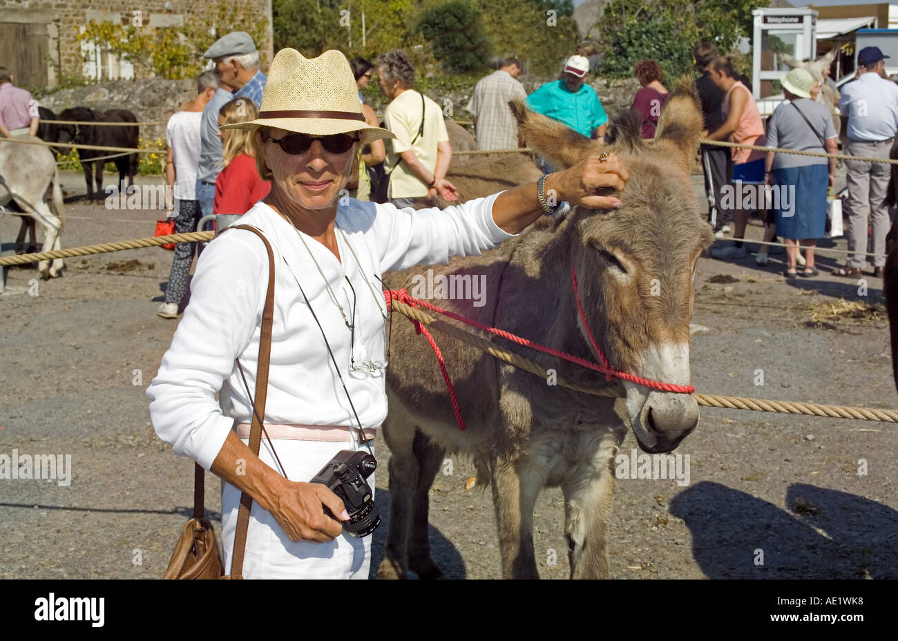 Monsieur FEMME AVEC UN ÂNE AU MARCHÉ DE BÉTAIL ANNUELLE PLOUBALAY BRETAGNE FRANCE Banque D'Images
