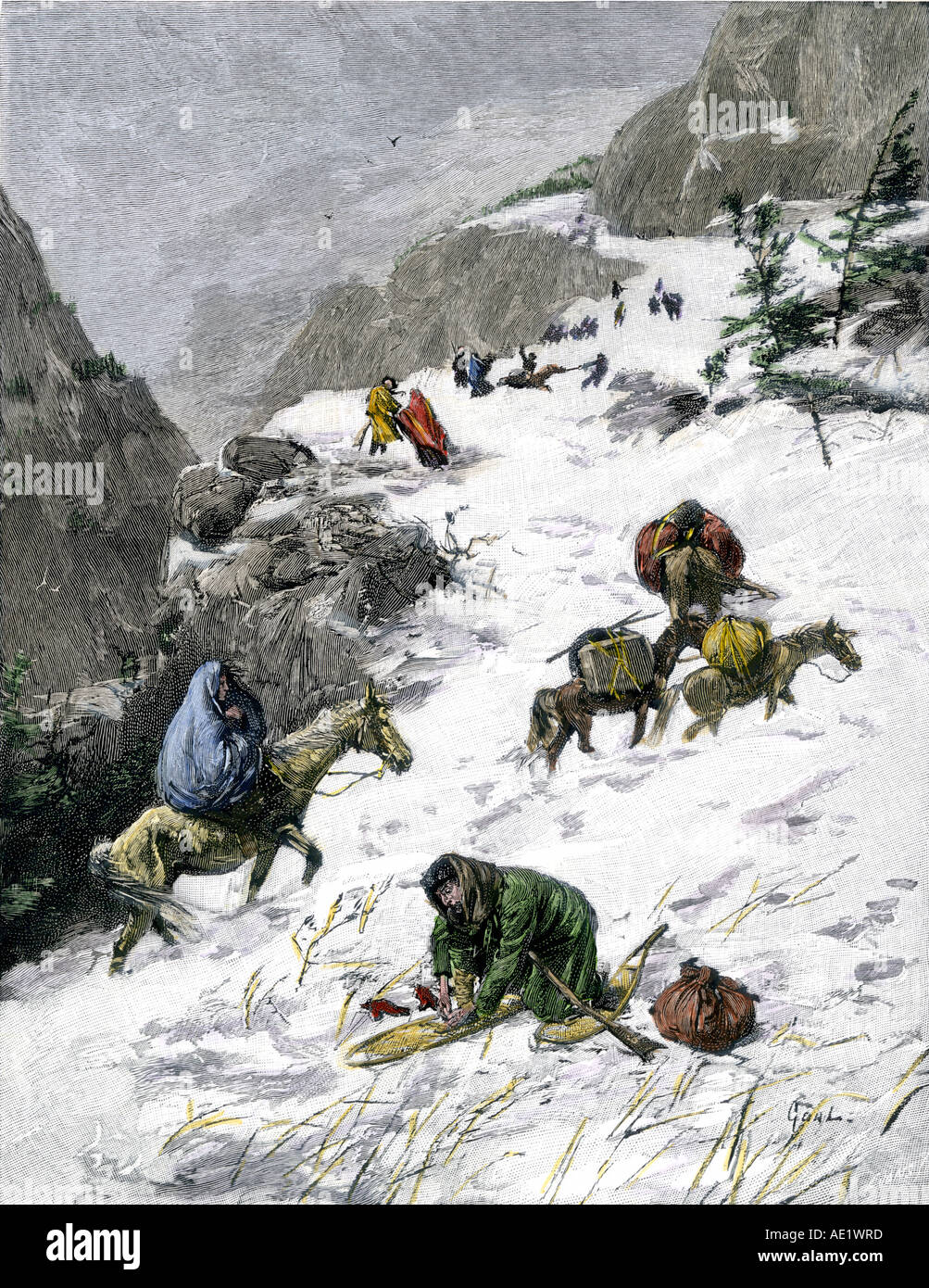 Pionniers en tentant de traverser les montagnes de la Sierra Nevada en hiver à la Californie des années 1800. À la main, gravure sur bois Banque D'Images