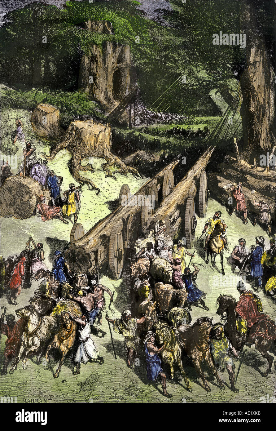 Hiram roi de Tyr rassemble les hommes pour aider les Israélites couper du bois de cèdre pour reconstruire le temple de Salomon en Jersalem. À la main, gravure sur bois Banque D'Images