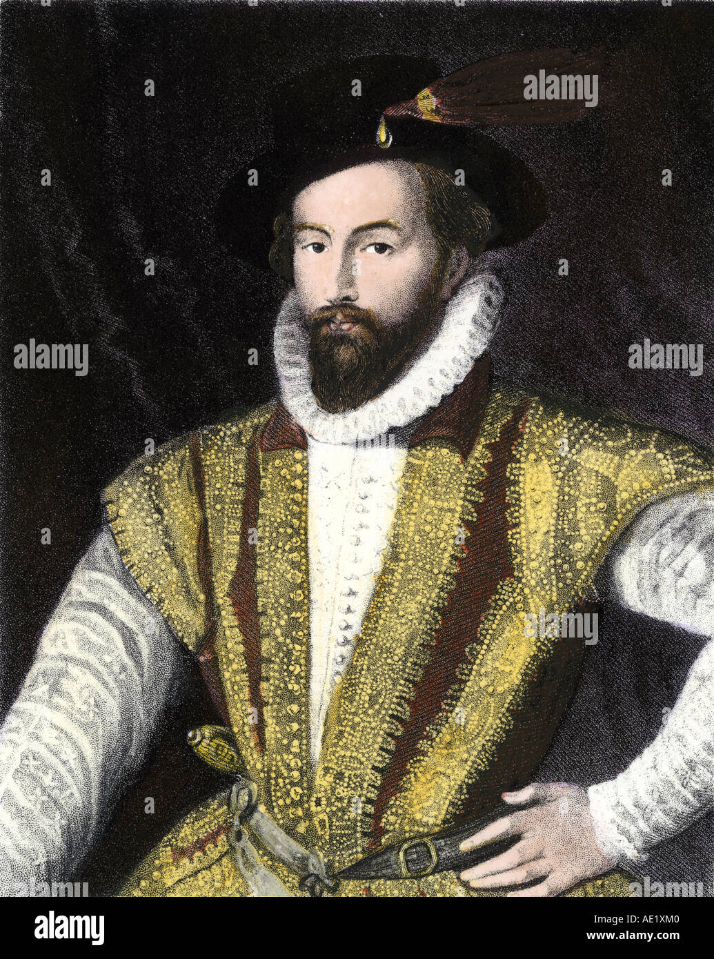 Sir Walter Raleigh. À la main, gravure sur acier Banque D'Images
