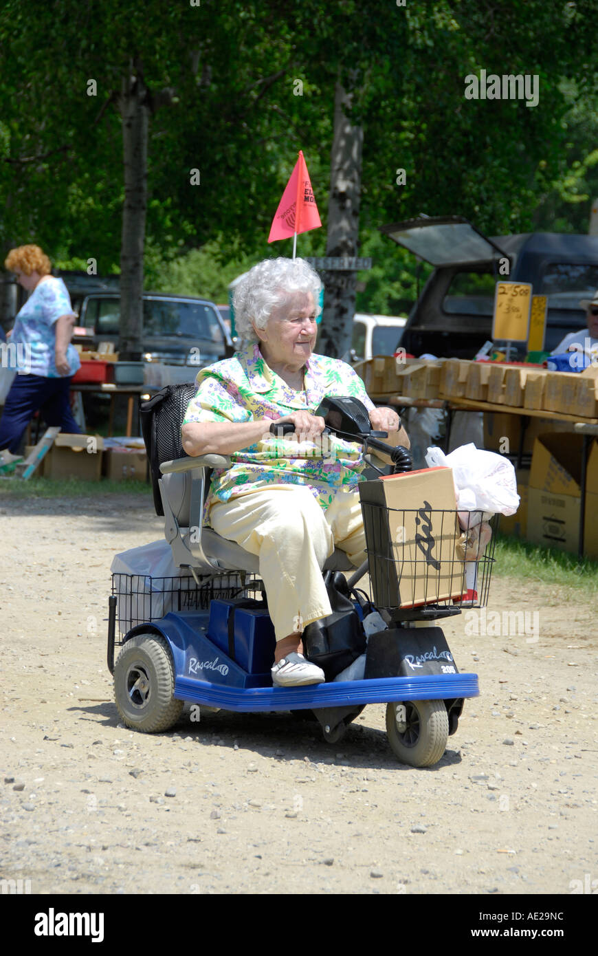 Senior female obtient autour sur un fauteuil roulant motorisé. Banque D'Images