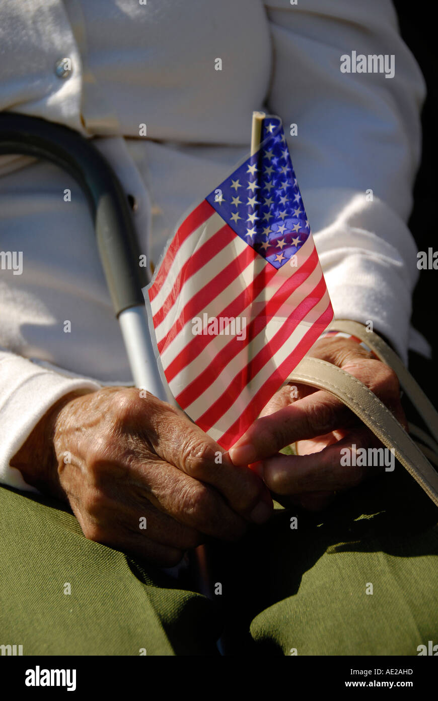 Vieille Femme patriotique avec un drapeau américain dans ses mains le vieillissement Banque D'Images