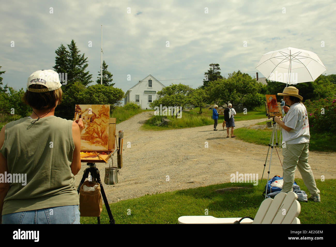 AJD59239, île Monhegan, ME, Maine, peinture des femmes Banque D'Images