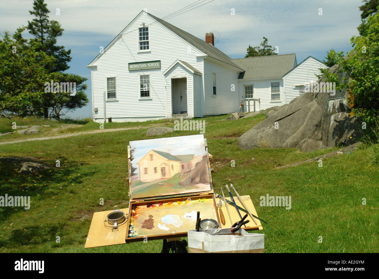 AJD59272, île Monhegan, ME, Maine, peinture, École Monhegan Banque D'Images