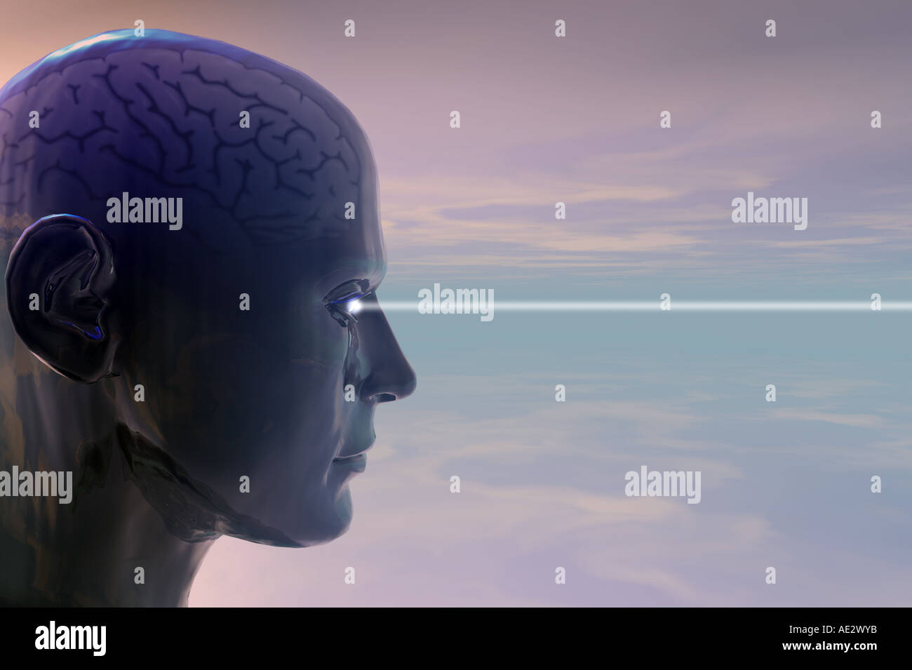 Tête d'homme de fer avec visée laser et cerveau Banque D'Images