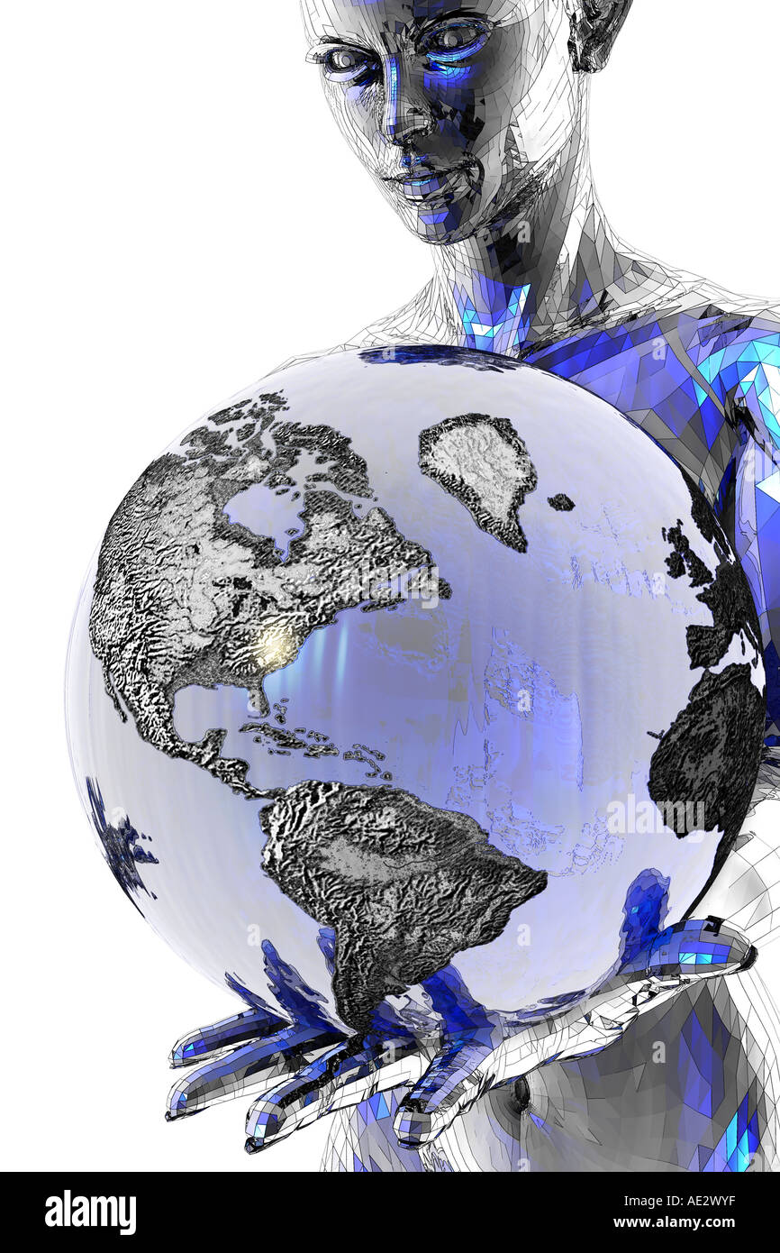 Wireframe mannequin holding a globe Banque D'Images