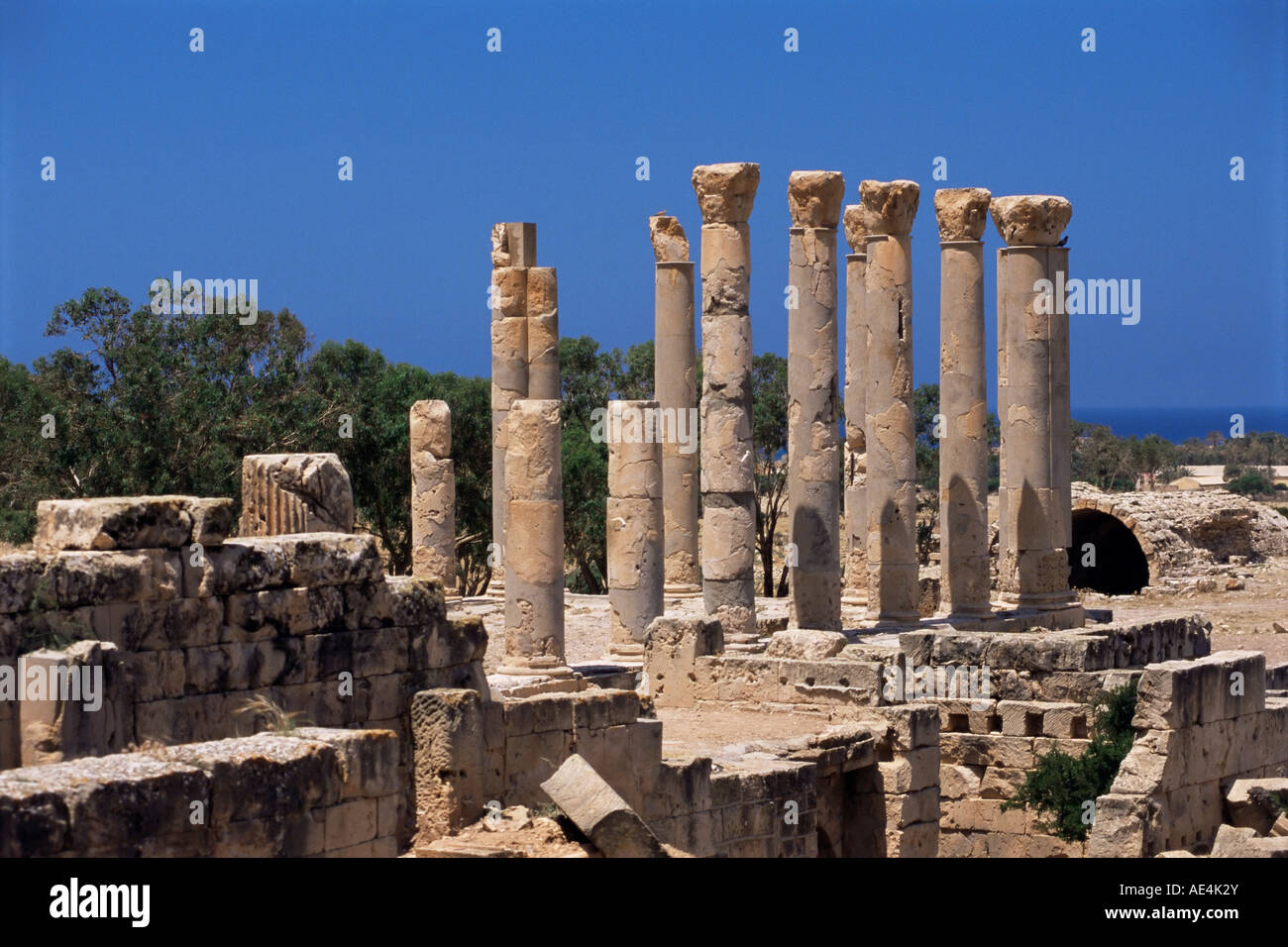 Les colonnes du palais, Tolemaide (Ptolémaïs), la Cyrénaïque, Libye, Afrique du Nord, Afrique Banque D'Images