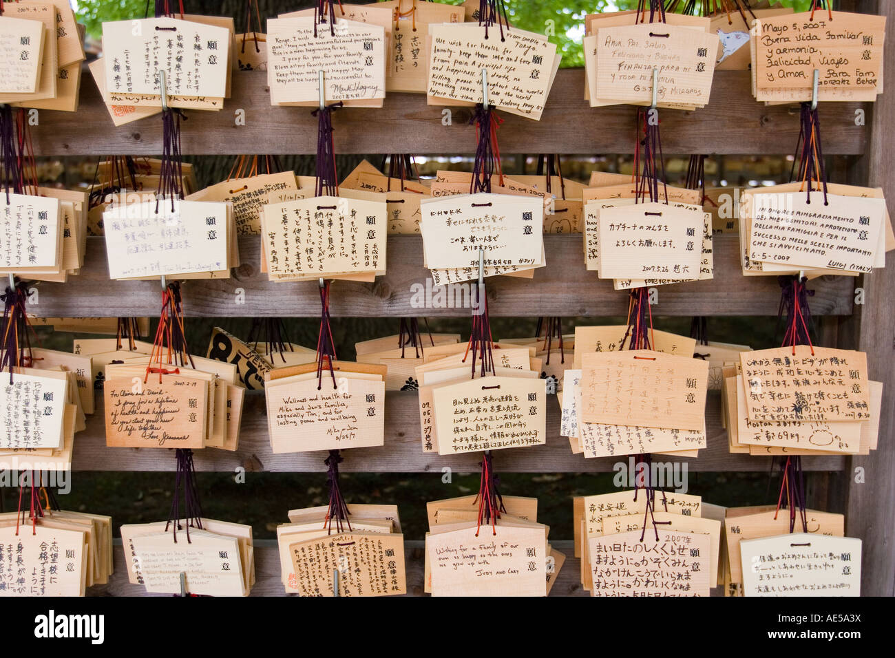 Des rangées de plaques votives en bois - ema - avec des souhaits et prières à Meiji Jingu à Tokyo au Japon Banque D'Images