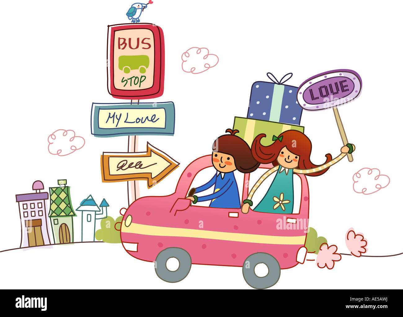 L'homme conduisant une voiture et une femme holding a placard Banque D'Images