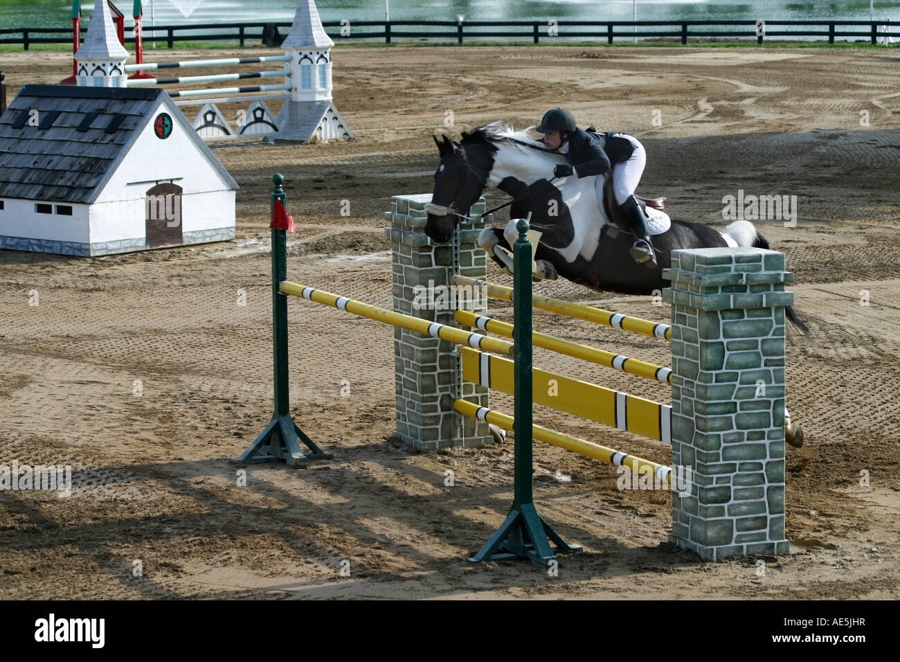 Femme rider sur Paint horse jumping over protection double en saut la concurrence au Kentucky Horse Park de Lexington Banque D'Images