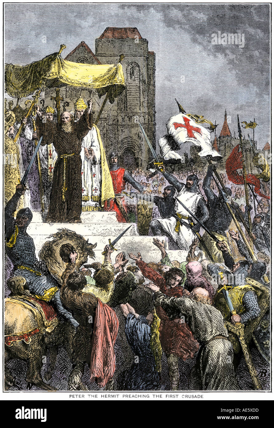 Pierre l'Ermite prêche la première croisade, le pape Urbain II avant 1095. À la main, gravure sur bois Banque D'Images