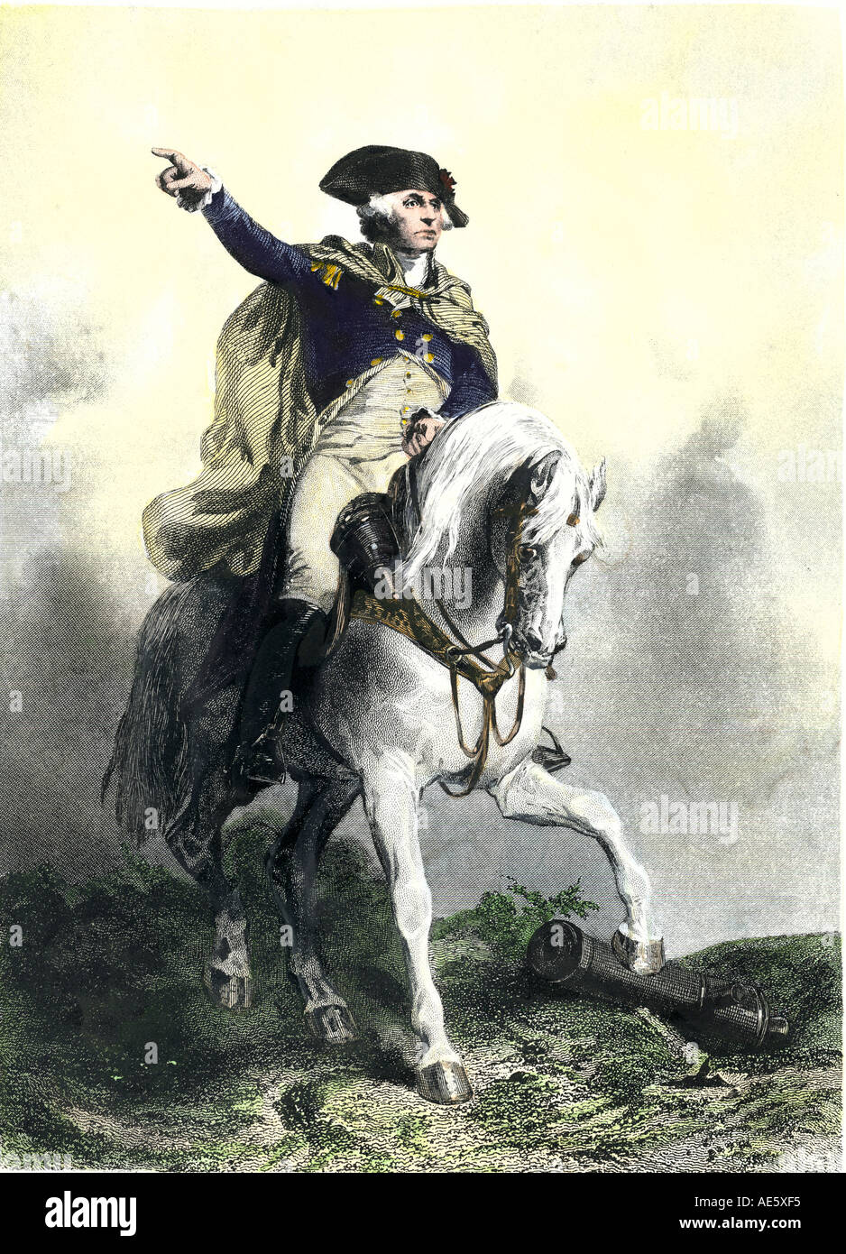 Le général George Washington sur un cheval de bataille de la Révolution américaine. À la main, gravure sur acier Banque D'Images