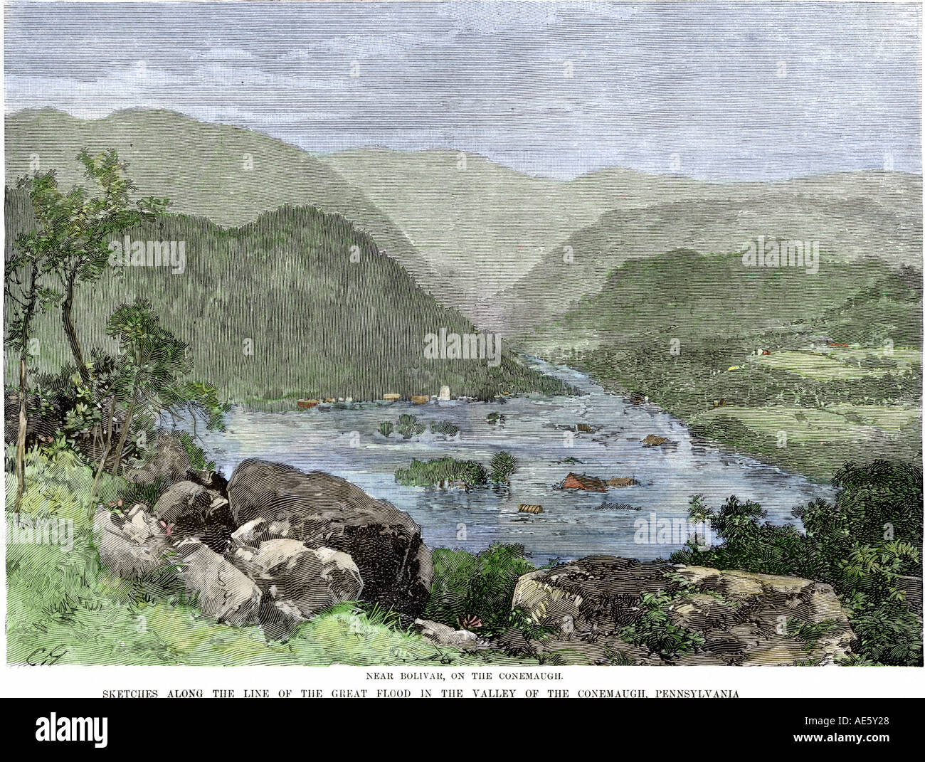 Vallée de la rivière Conemaugh après le déluge à Johnstown en Pennsylvanie en 1889. À la main, gravure sur bois Banque D'Images
