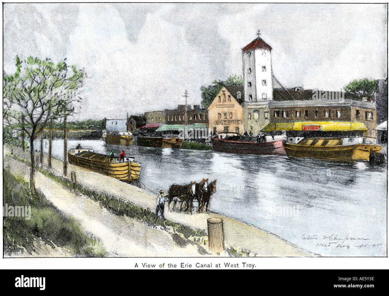 Erie Canal à West Troy New York fin des années 1800. La main, d'une illustration de demi-teinte Banque D'Images