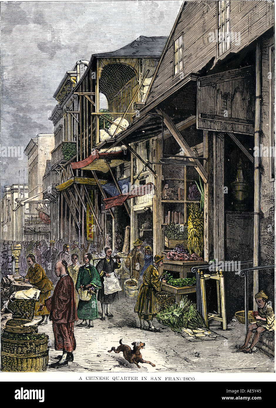 Boutiques dans le quartier chinois de San Francisco 1870. À la main, gravure sur bois Banque D'Images