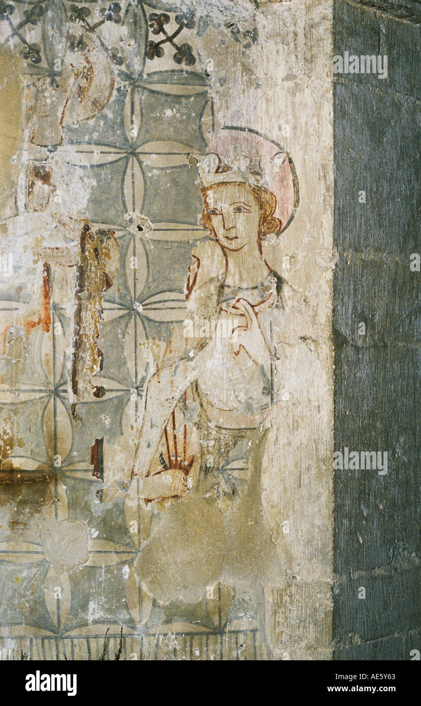 Peinture murale médiévale du Roi Edmund dans l'église de St Mary de Suffolk Lakenheath Banque D'Images