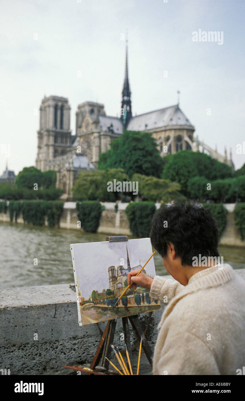 France, Paris, peintre, Cathédrale Notre Dame, Seine Banque D'Images