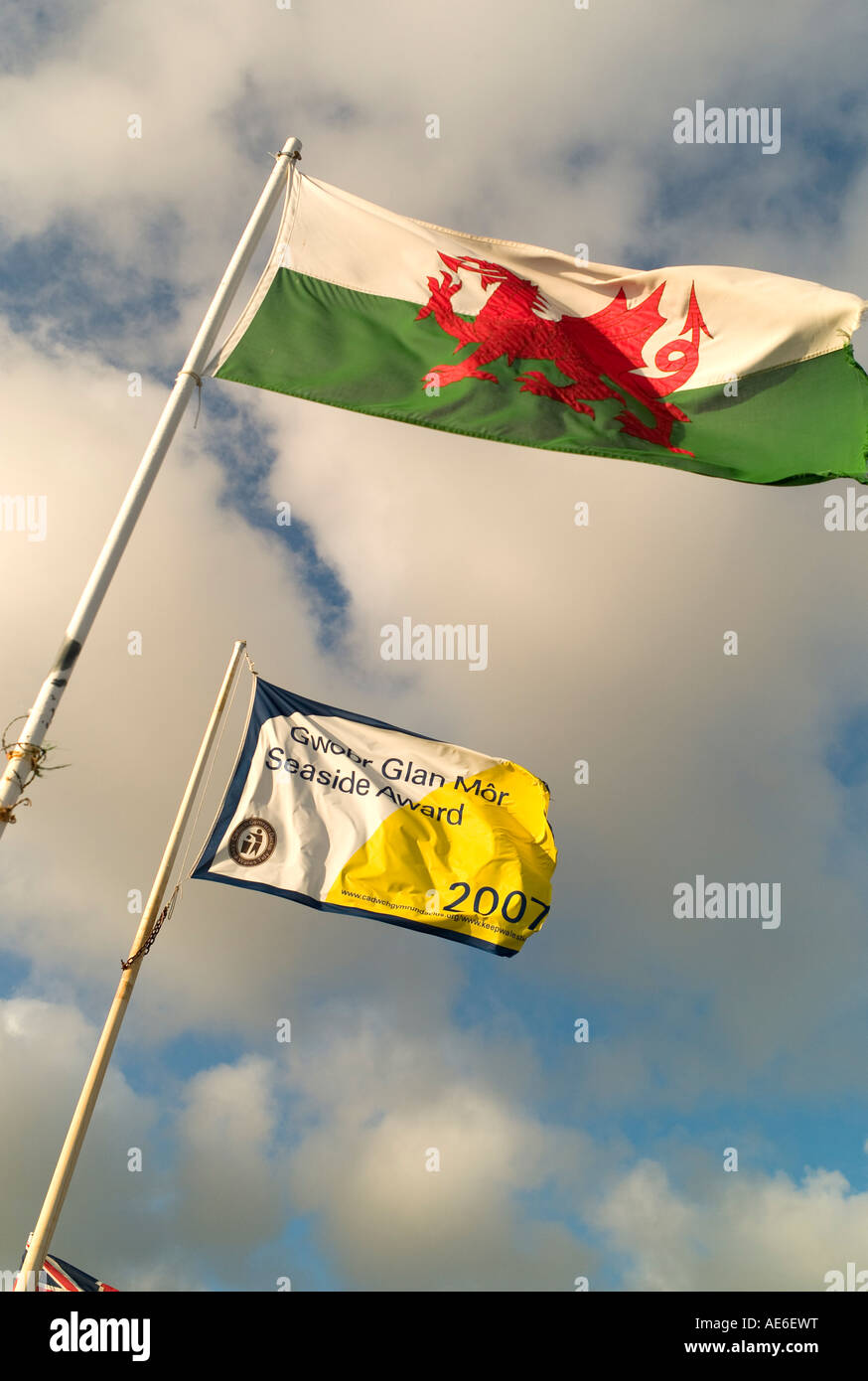 Garder au Pays de Galles Tidy 2007 Plage de qualité award banner et welsh dragon rouge flag flying Borth West Wales Banque D'Images