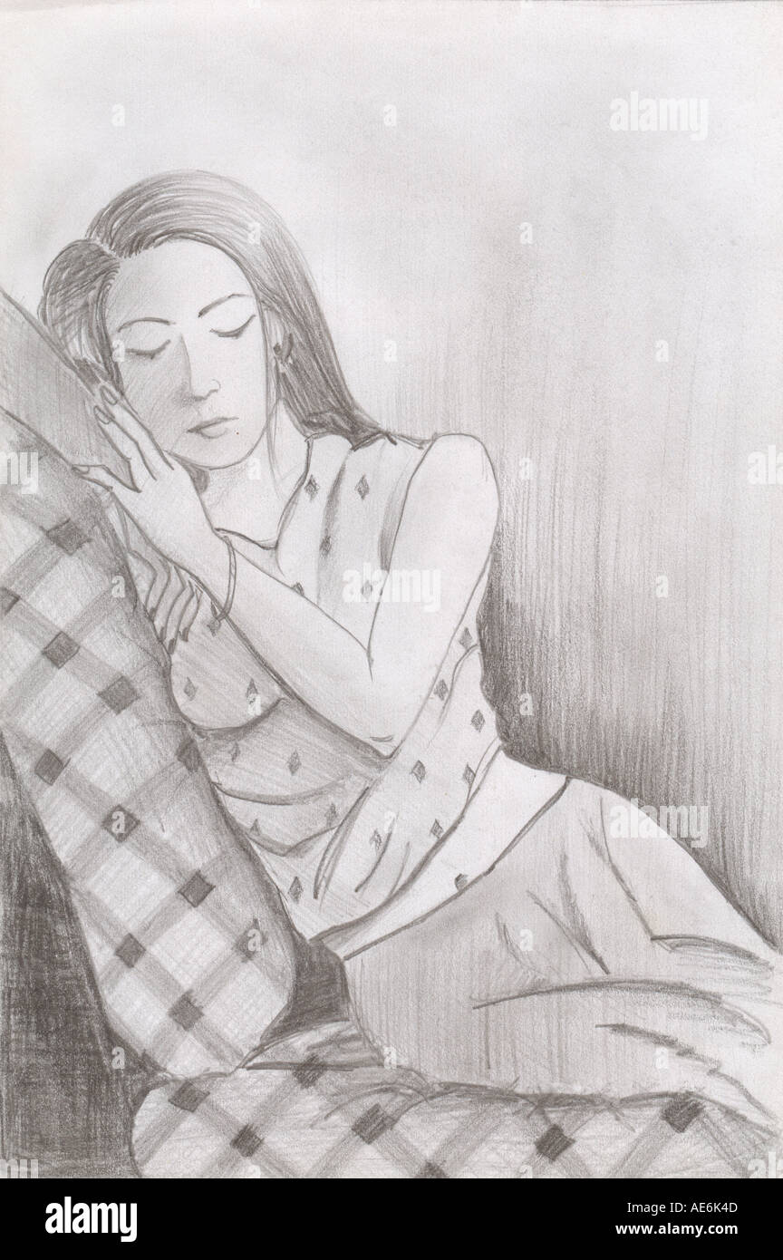 Dessin illustration peinture photographie noir et blanc de la femme indienne de dormir sur un canapé-l'Inde Banque D'Images