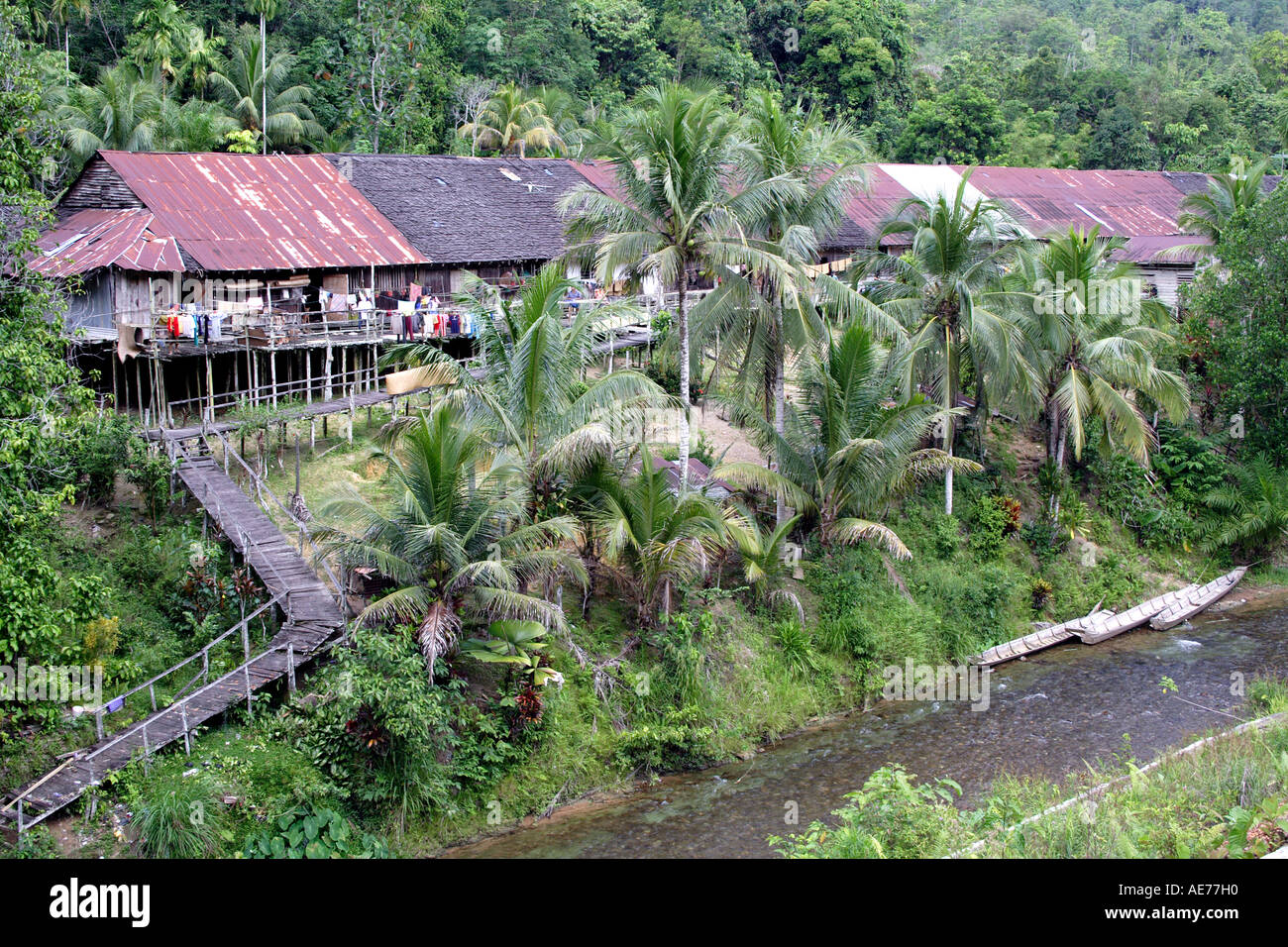 Rumah Uluyong, une longue maison traditionnelle Iban, Kapit, Sarawak, Bornéo, Malaisie Banque D'Images