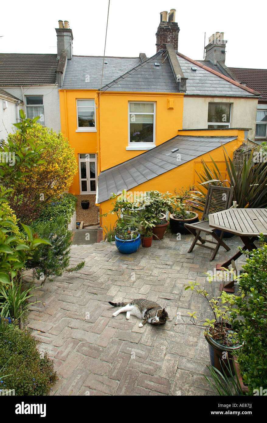 Maison mitoyenne colorés avec de petits jardin pavé arrière Banque D'Images