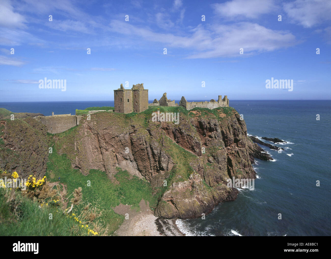 Château Dunnottar Castle dh KINCARDINESHIRE bastion sur falaise pointe beach l'ajonc d'arbustes ecosse châteaux Banque D'Images