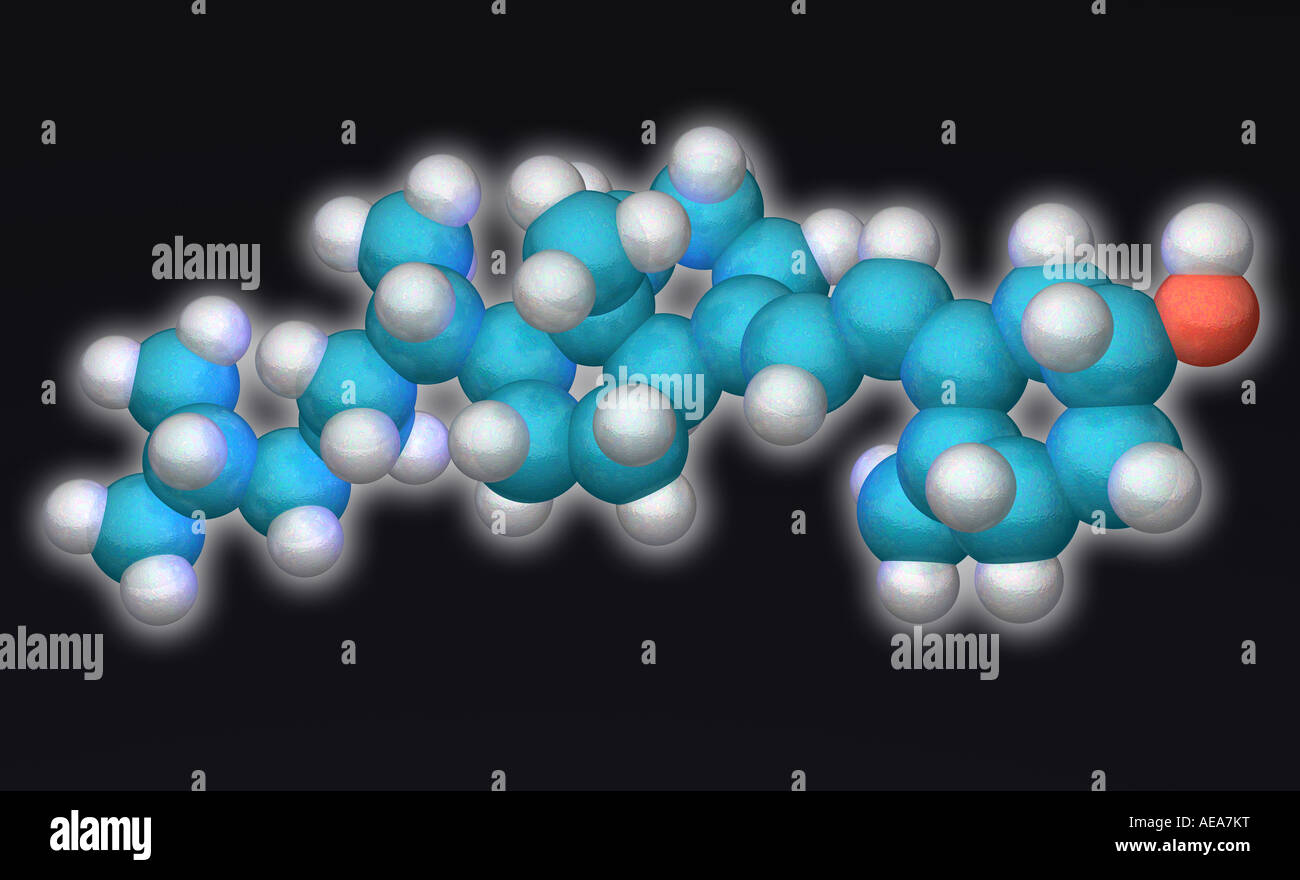 Le modèle moléculaire de synthèse de vitamine D3 avec des atomes de carbone est en bleu et blanc hydrogènes en rouge l'oxygène Banque D'Images