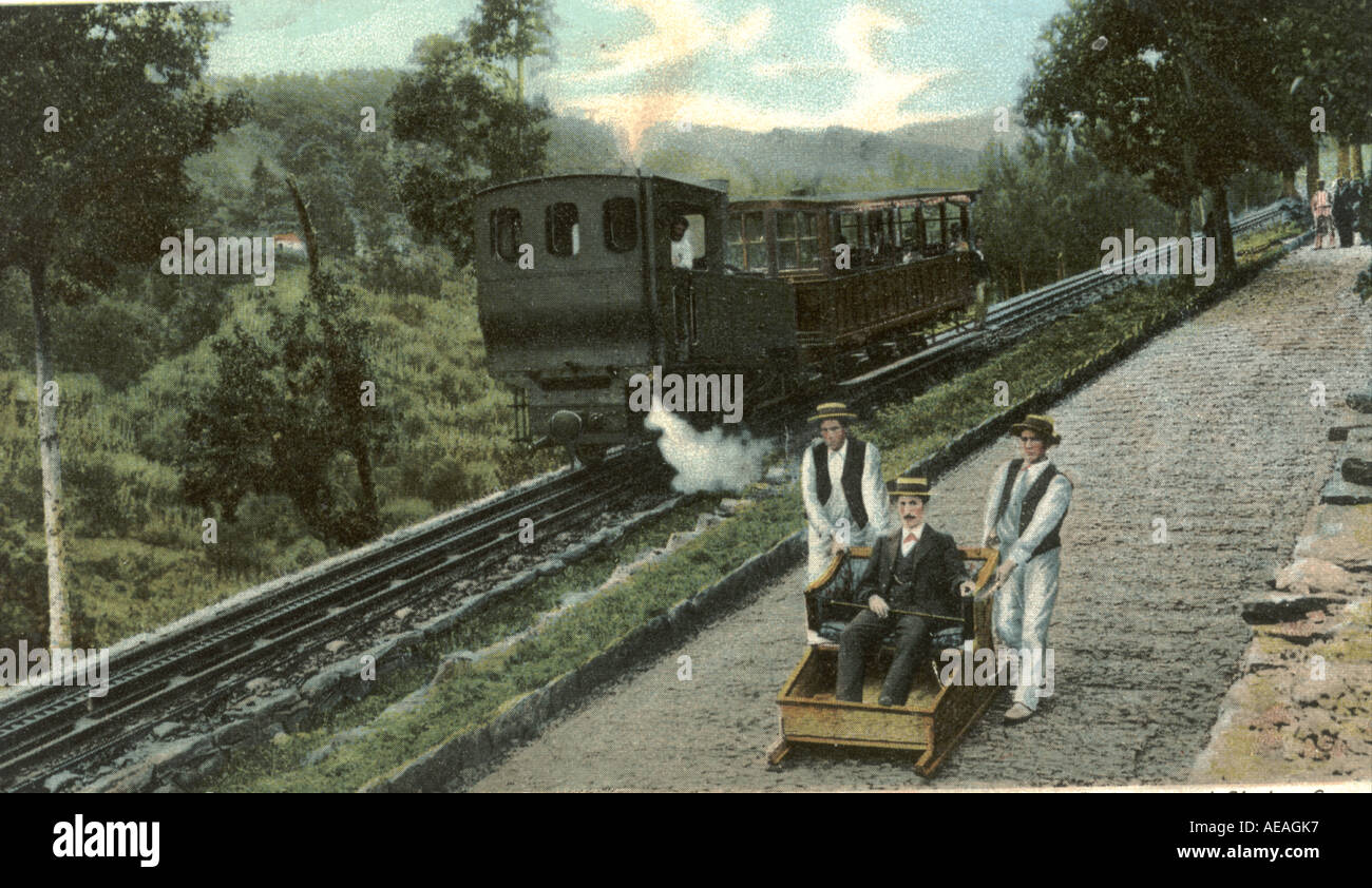La voiture monte et le traîneau, Madère, vers 1910 Banque D'Images
