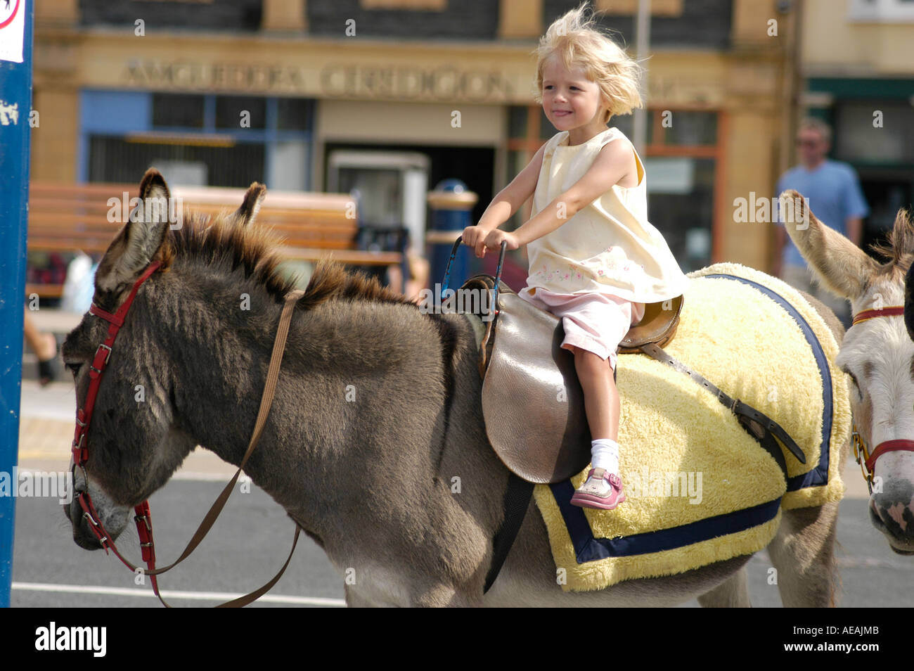 Les jeunes filles sur donkey ride à Aberystwyth, Pays de Galles UK Banque D'Images