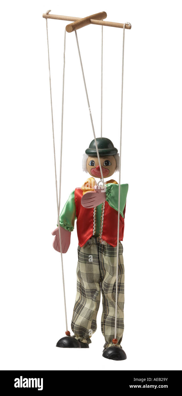 Marionnette Clown jouet de Children's Theatre se découpant sur un fond blanc Banque D'Images
