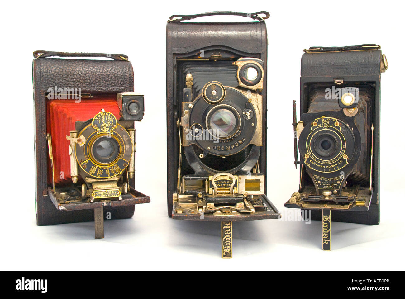 Trois anciens modèles de caméras Kodak pellicule de pliage Banque D'Images