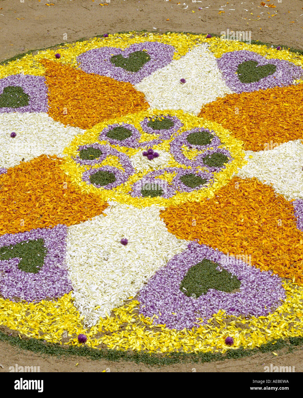 Une composition colorée préparée avec des pétales de fleurs, dessiné sur le sol à l'occasion d'Onam au Kerala, en Inde Banque D'Images