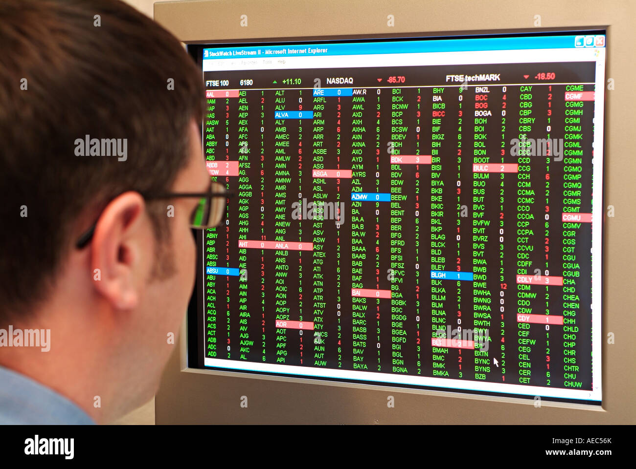 Opérateur en bourse à un moniteur à écran plein de cours d'actions Banque D'Images