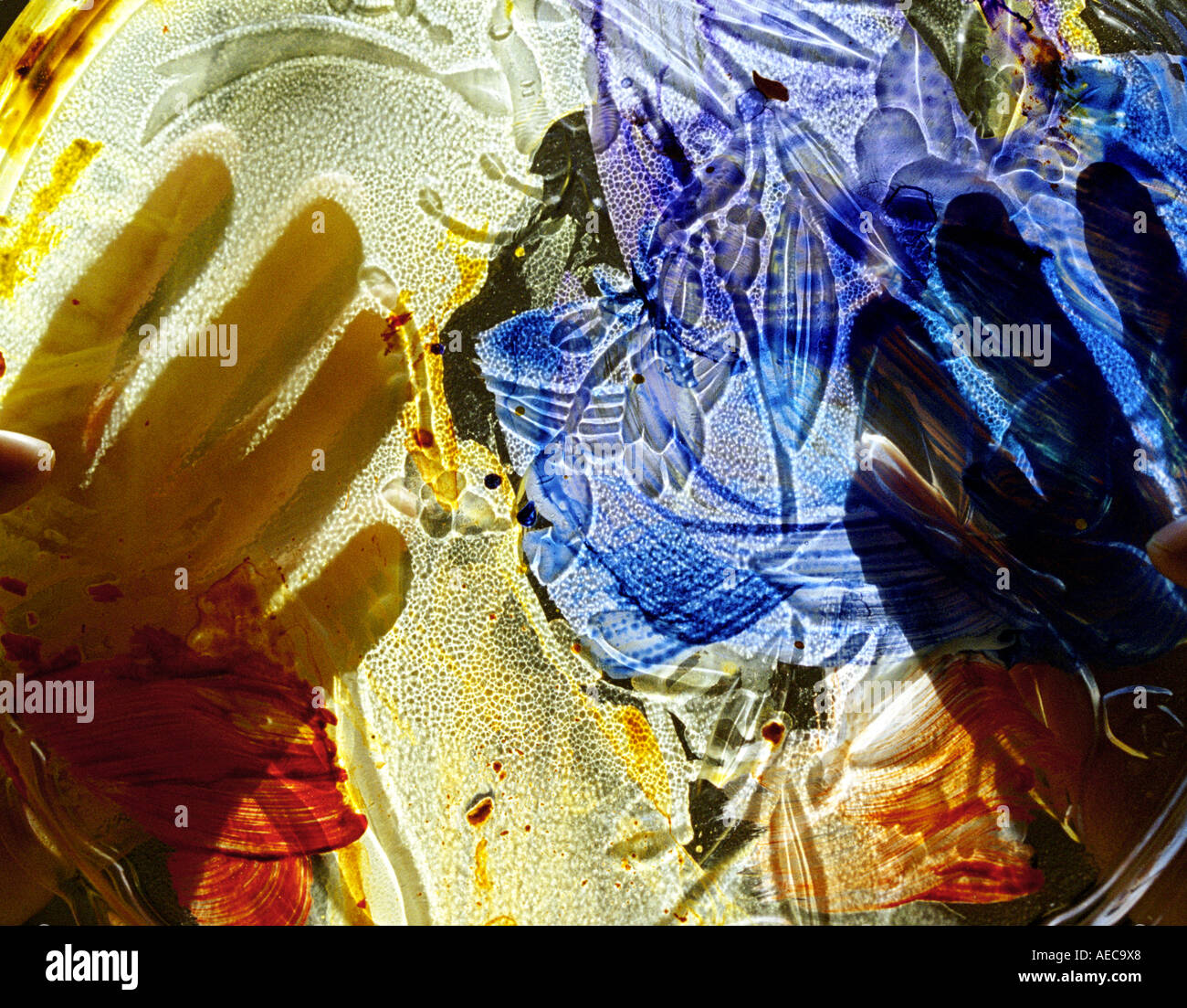Composition abstraite avec verre peint tenue à deux mains avec éclairage arrière, composition horizontale Banque D'Images