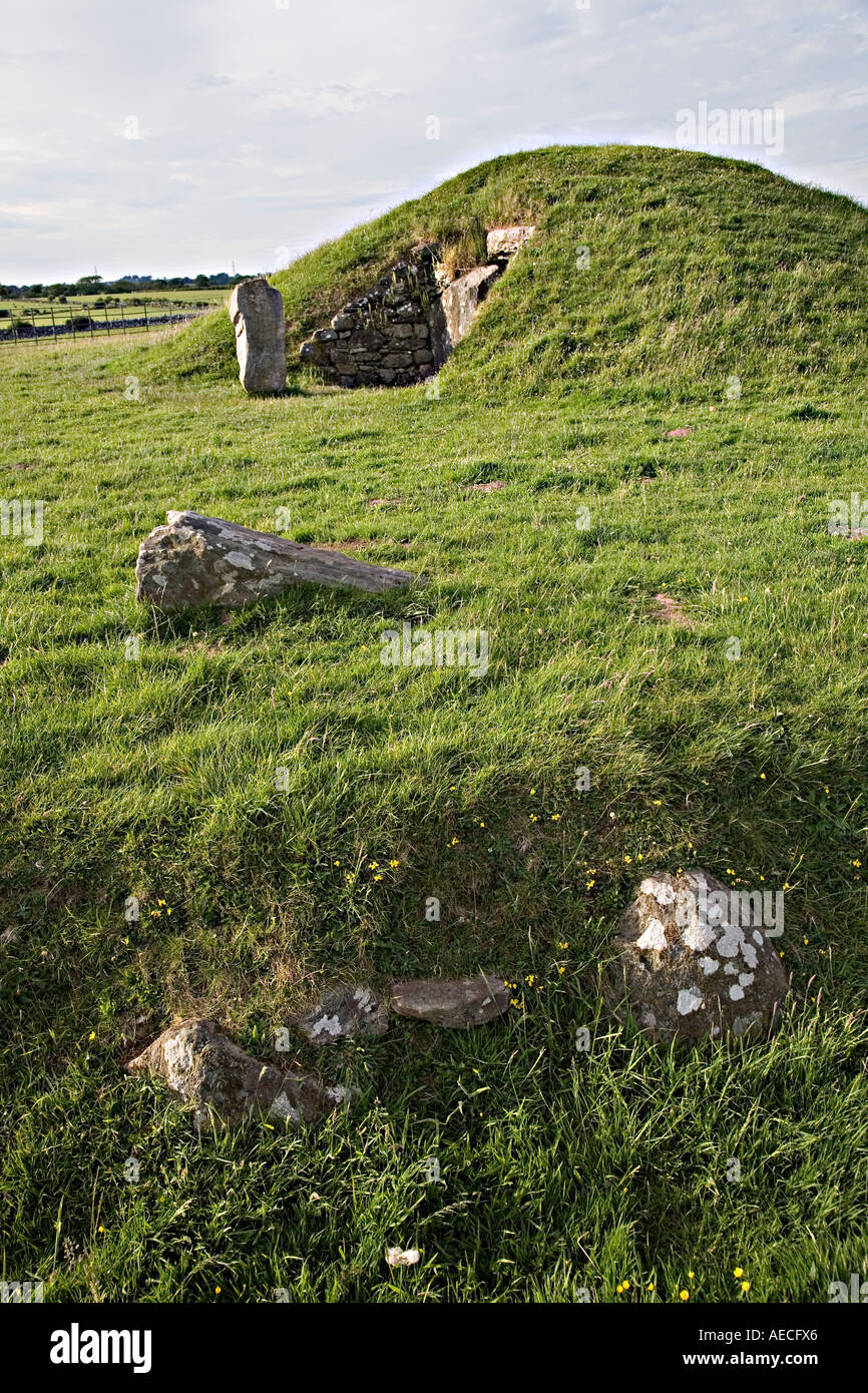 L'entrée de l'ancien tumulus funéraire de Bryn Celli Ddu avec le fossé encerclant en premier plan Anglesey Pays de Galles UK Banque D'Images