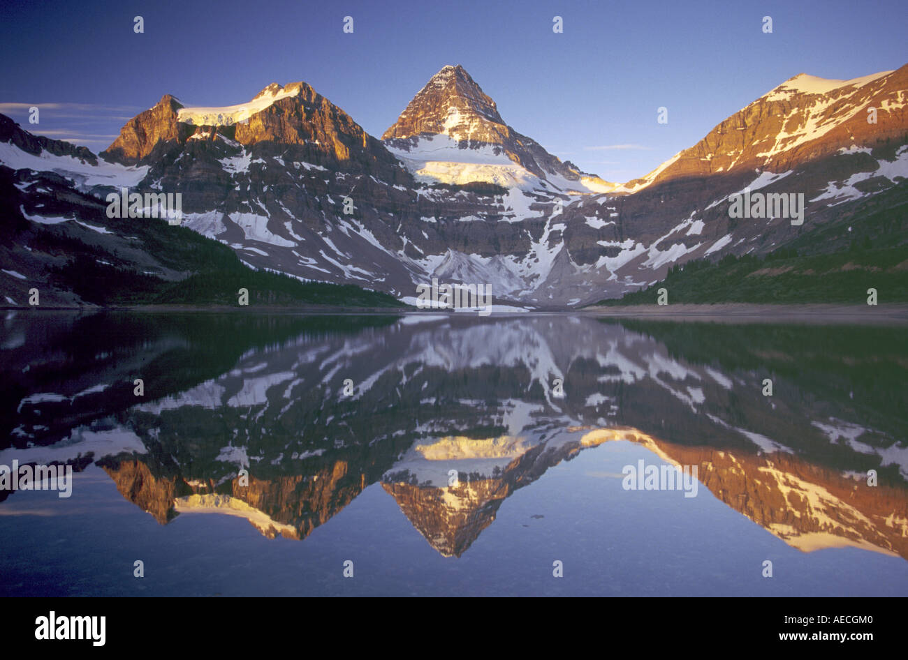 Mt sur le lac Magog Assiniboine au lever du soleil, le parc provincial du mont Assiniboine, Rocheuses, en Colombie-Britannique, Canada Banque D'Images