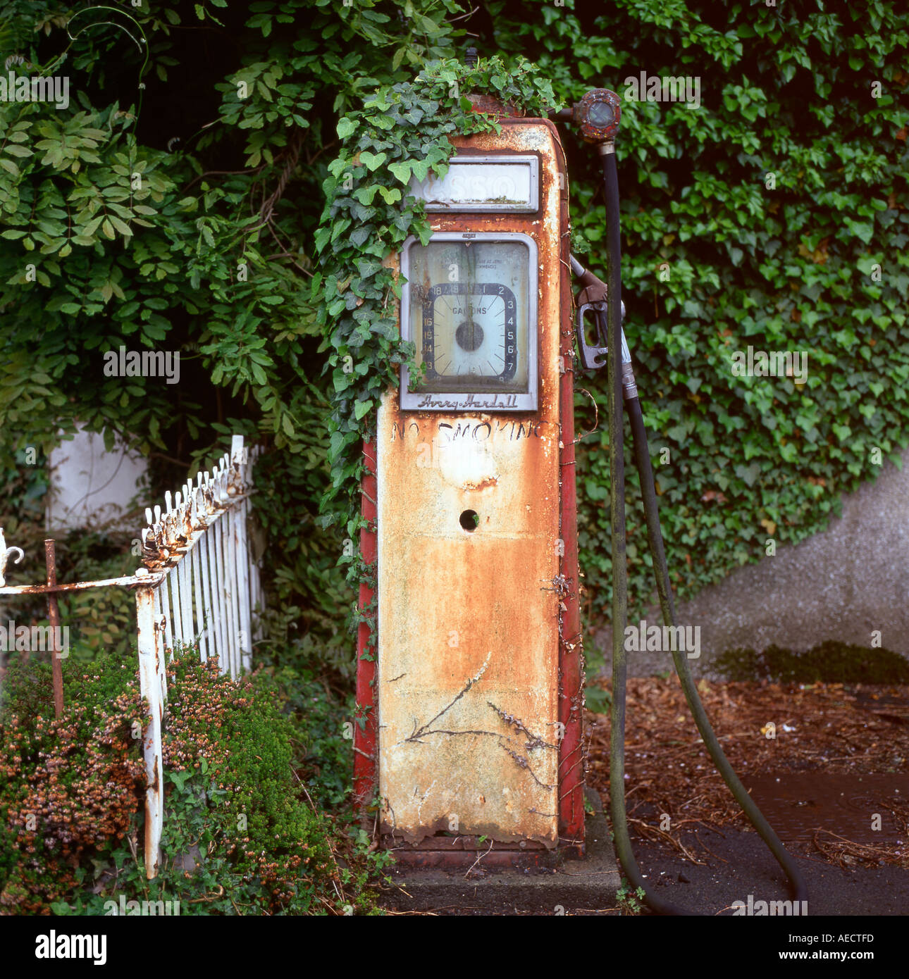 Old Vintage Retro désaffectées redondants Avery Hardall pas de pompe à essence de l'utilisation couverte de lierre envahi à une station en Powys Pays de Galles UK KATHY DEWITT Banque D'Images