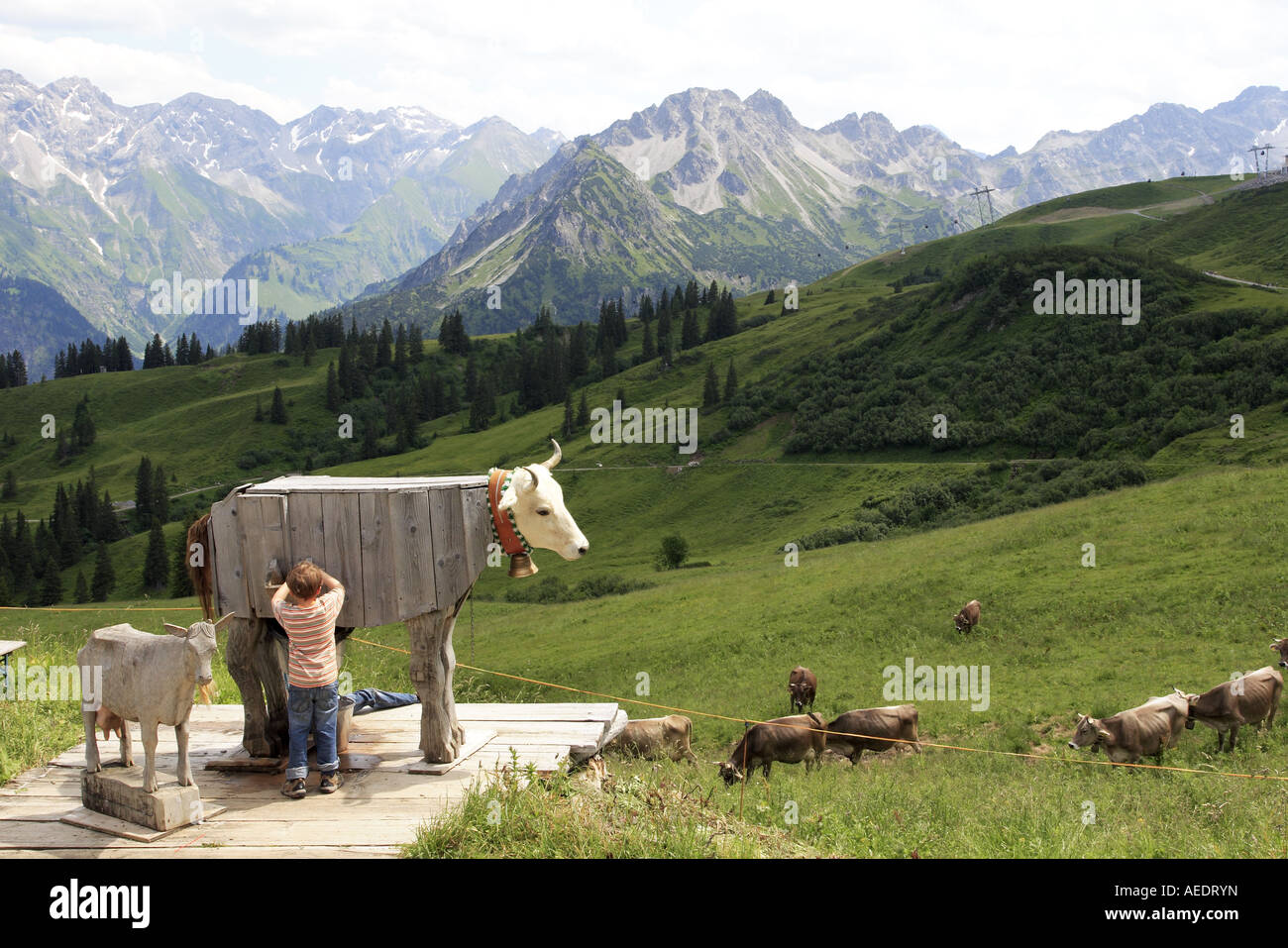 Garçon jouant à traire une vache en bois sur les pentes de la Fellhorn dans les Alpes bavaroises, Allemagne Banque D'Images