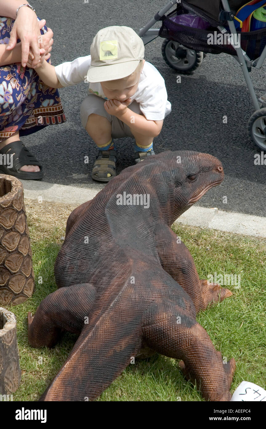 Garçon à la recherche de dragon de Komodo en bois au Great Yorkshire Show Banque D'Images